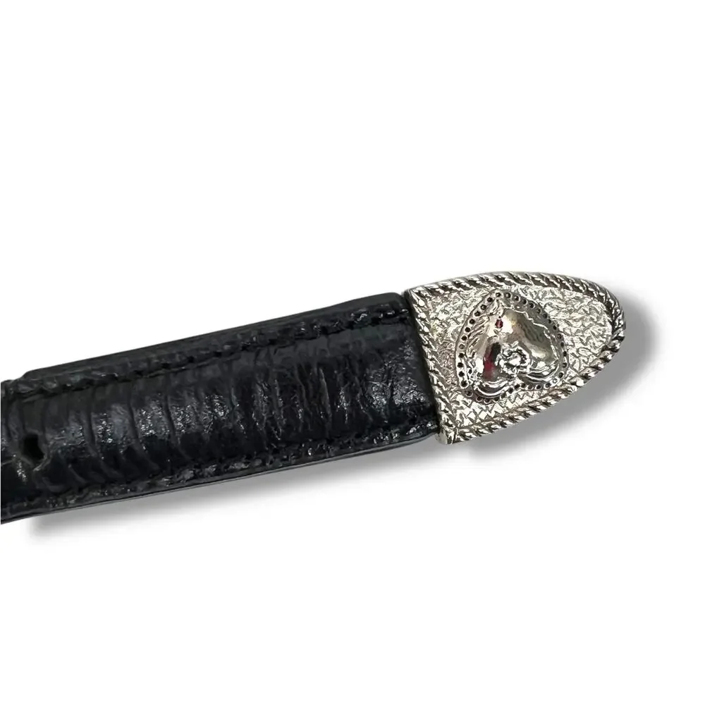 Black Leather Belt With Silver Floral Hearts Motif Buckle Western Goth Preppy